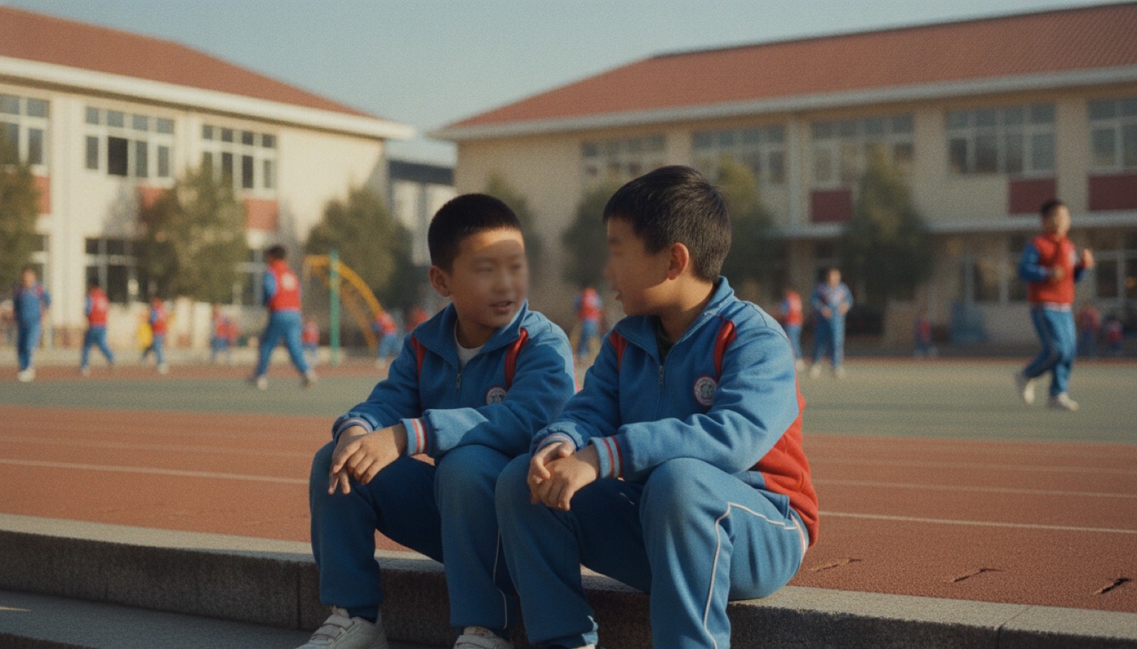 上午小学操场两个小男孩并排坐台阶上说话