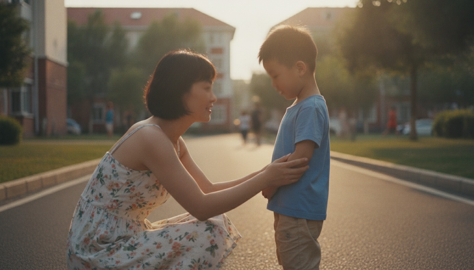 傍晚小区妈妈蹲下跟孩子平视温柔说话孩子低头