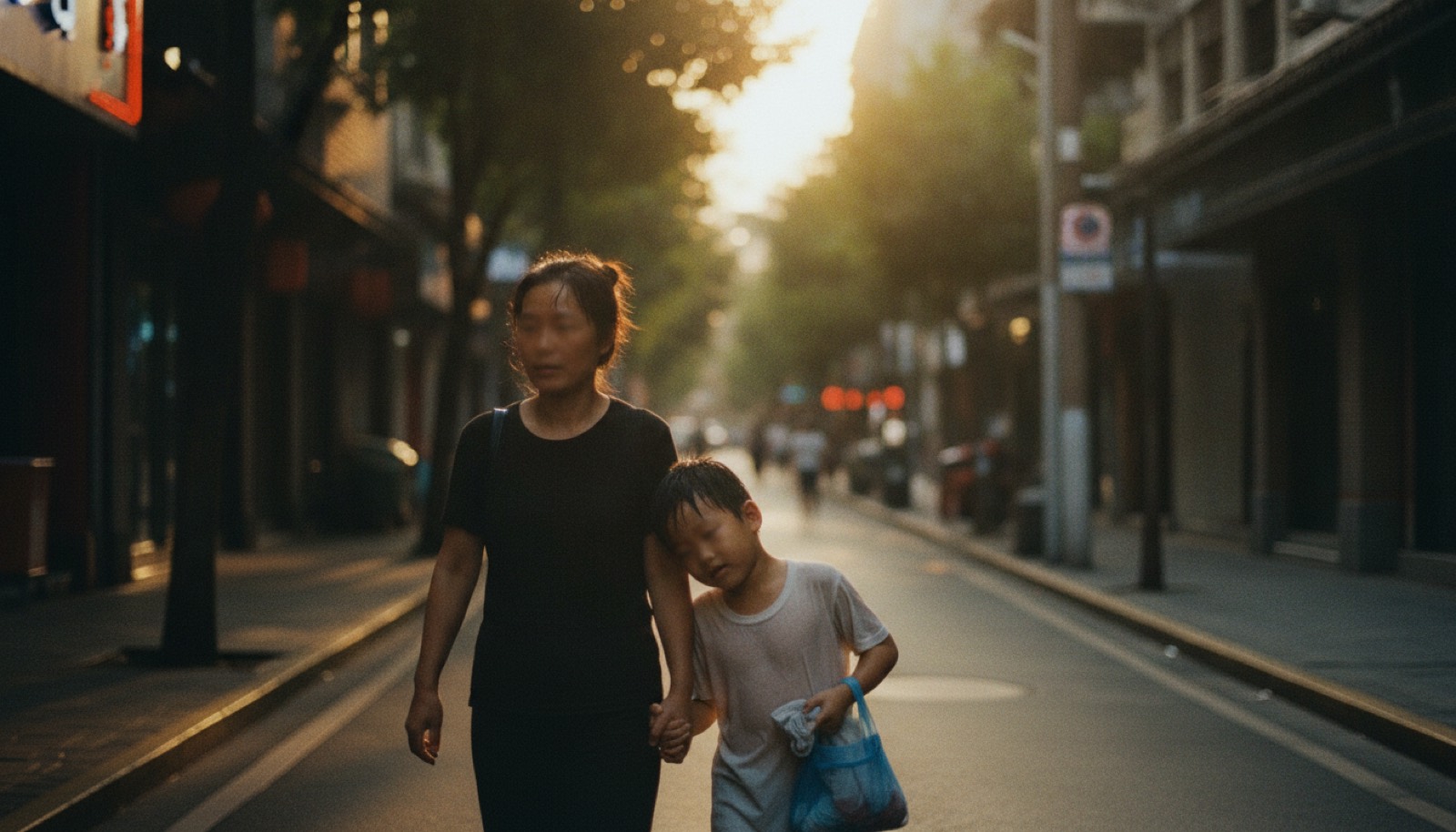 傍晚街道妈妈牵着头发湿的男孩背泳包回家