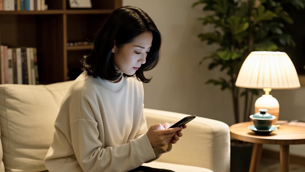 夜晚客厅妈妈坐沙发低头盯手机神情凝重有心事
