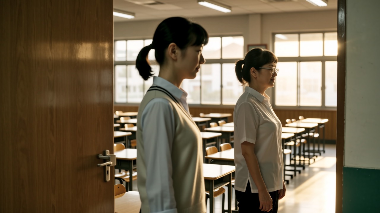 傍晚放学教室门口妈妈和女老师面对面站着交谈