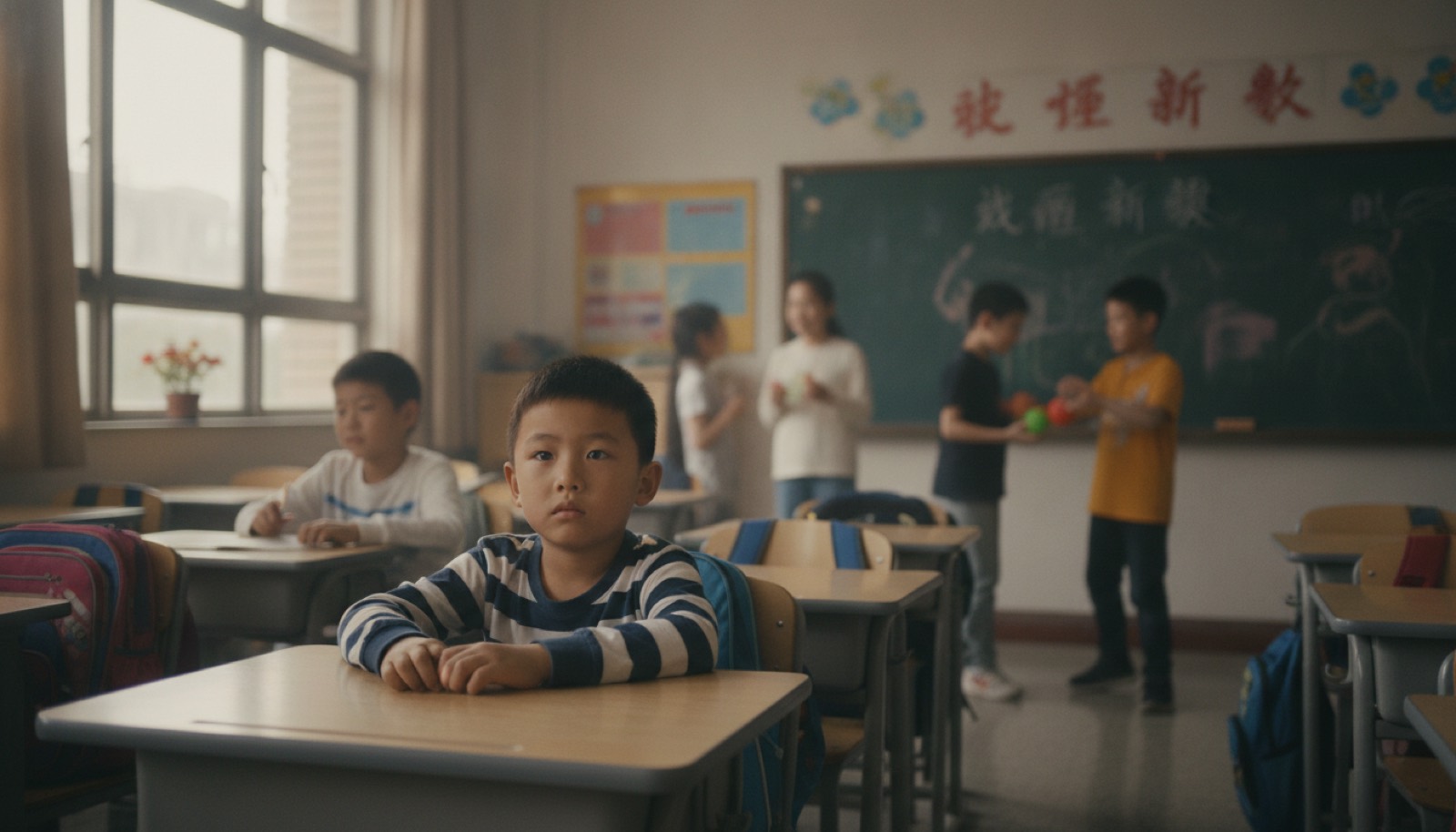 开学后新教室课间,一个孩子独自坐在座位上,周围同学三三两两地聊天玩耍,光线明亮,氛围有点疏离