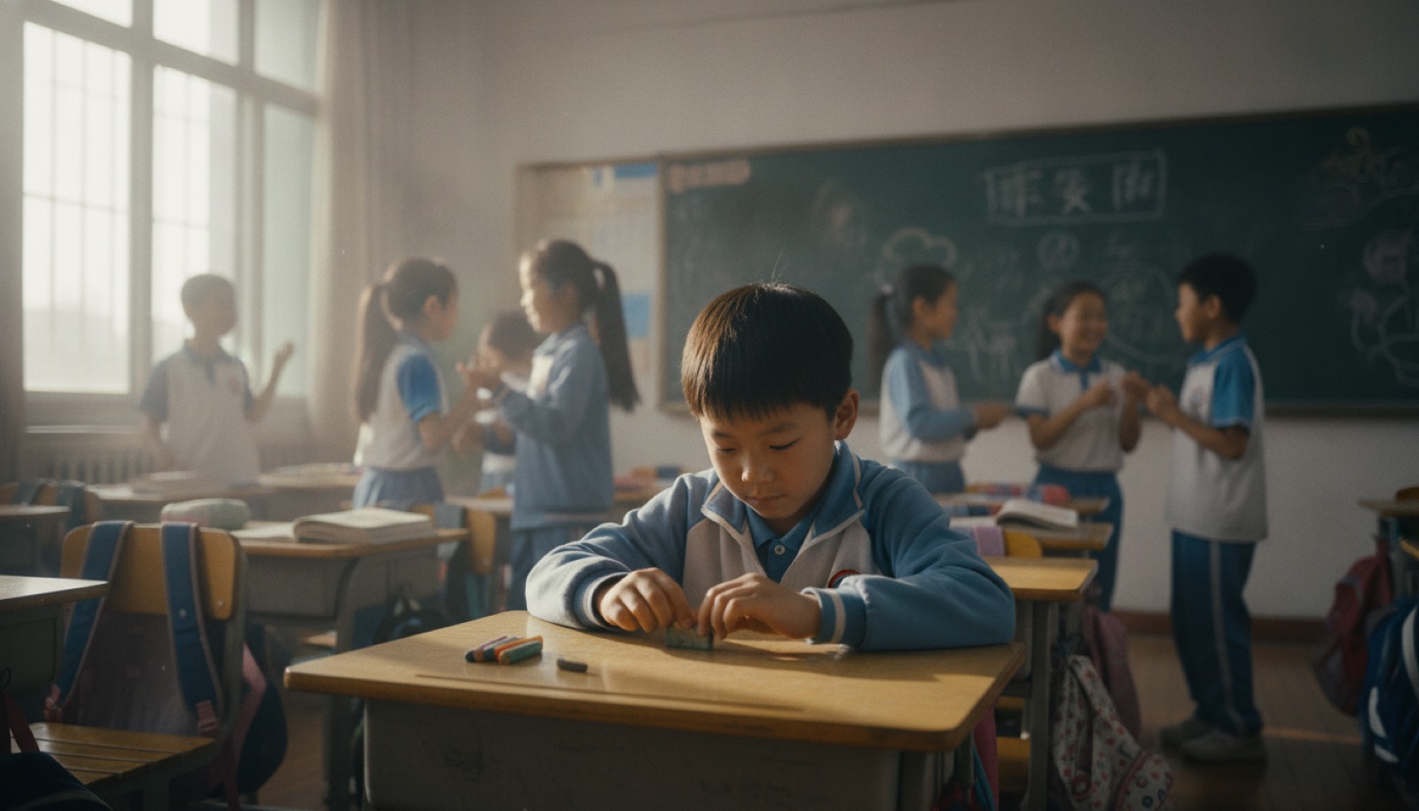 开学新教室课间孩子独自坐座位摆弄橡皮周围同学聊天