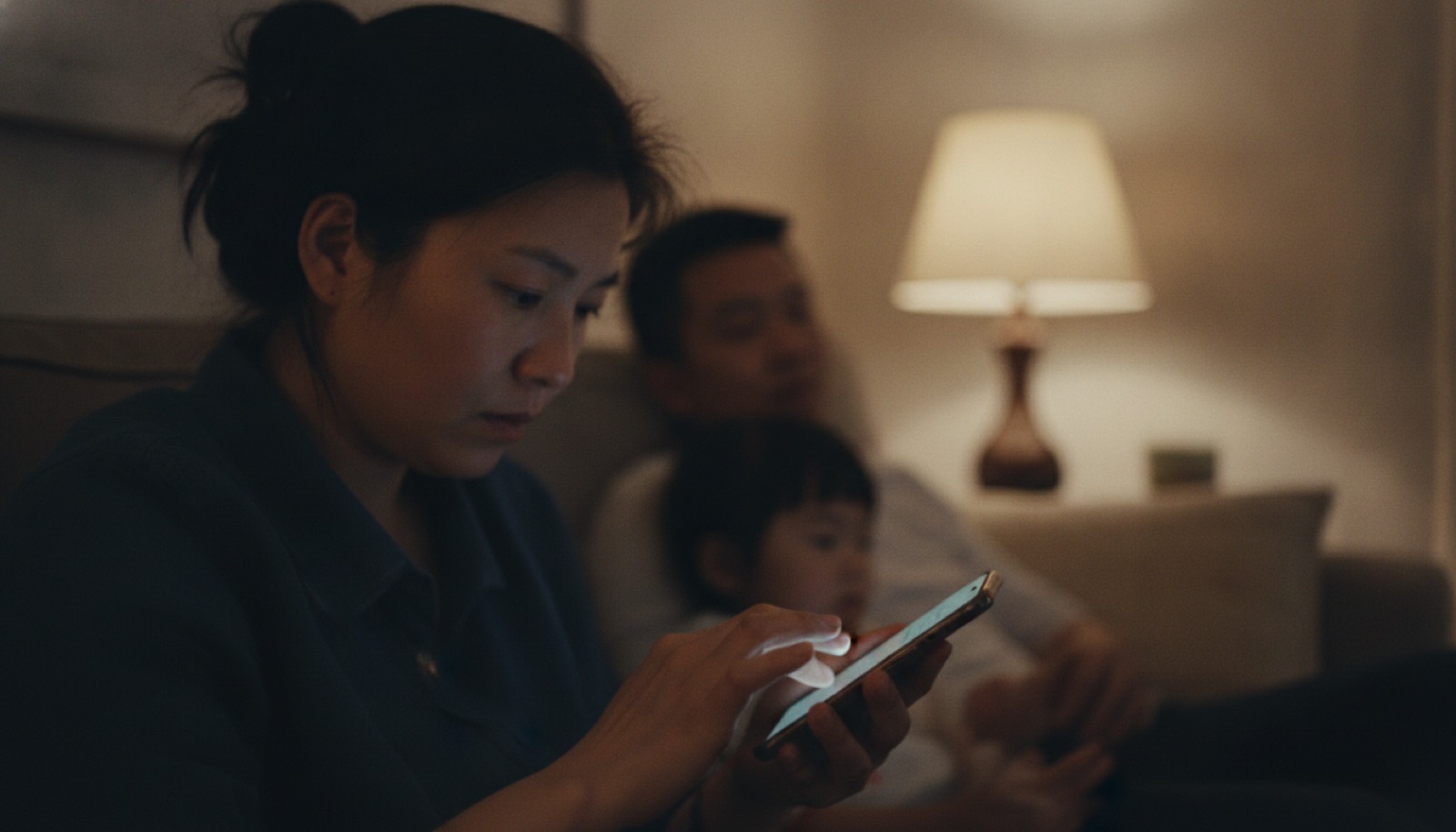 傍晚沙发上妈妈低头认真编辑给老师的消息神情慎重