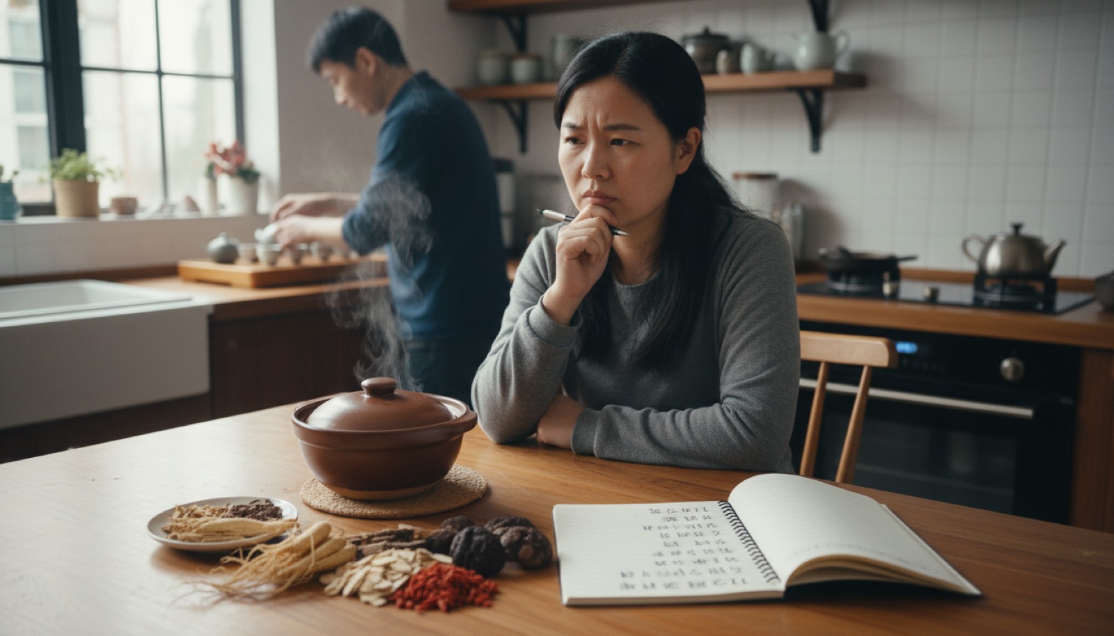 厨房岛台上一只砂锅和中药材一只小本子记着 12 个错误,自然光,氛围整理认真