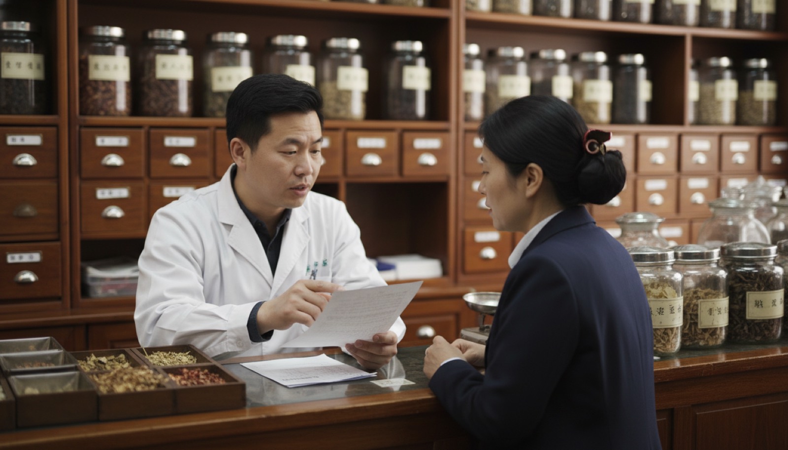 中国中药店柜台药剂师跟妈妈说话指着一张纸