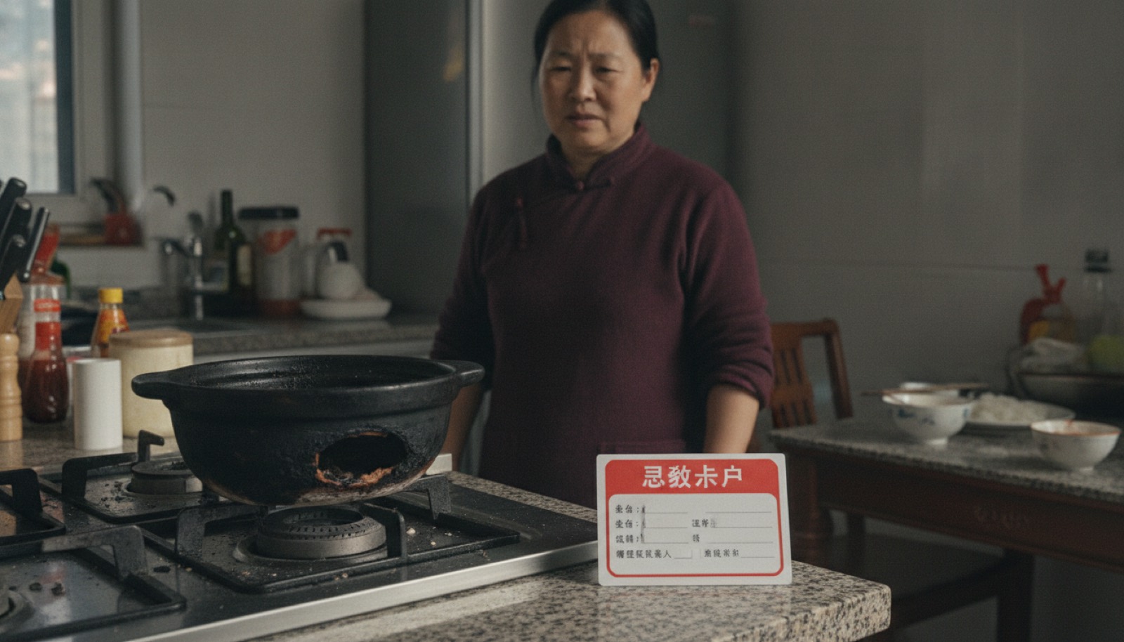 厨房灶台上一只熬糊的砂锅旁边一张急救卡片,光线柔和,氛围日常应急