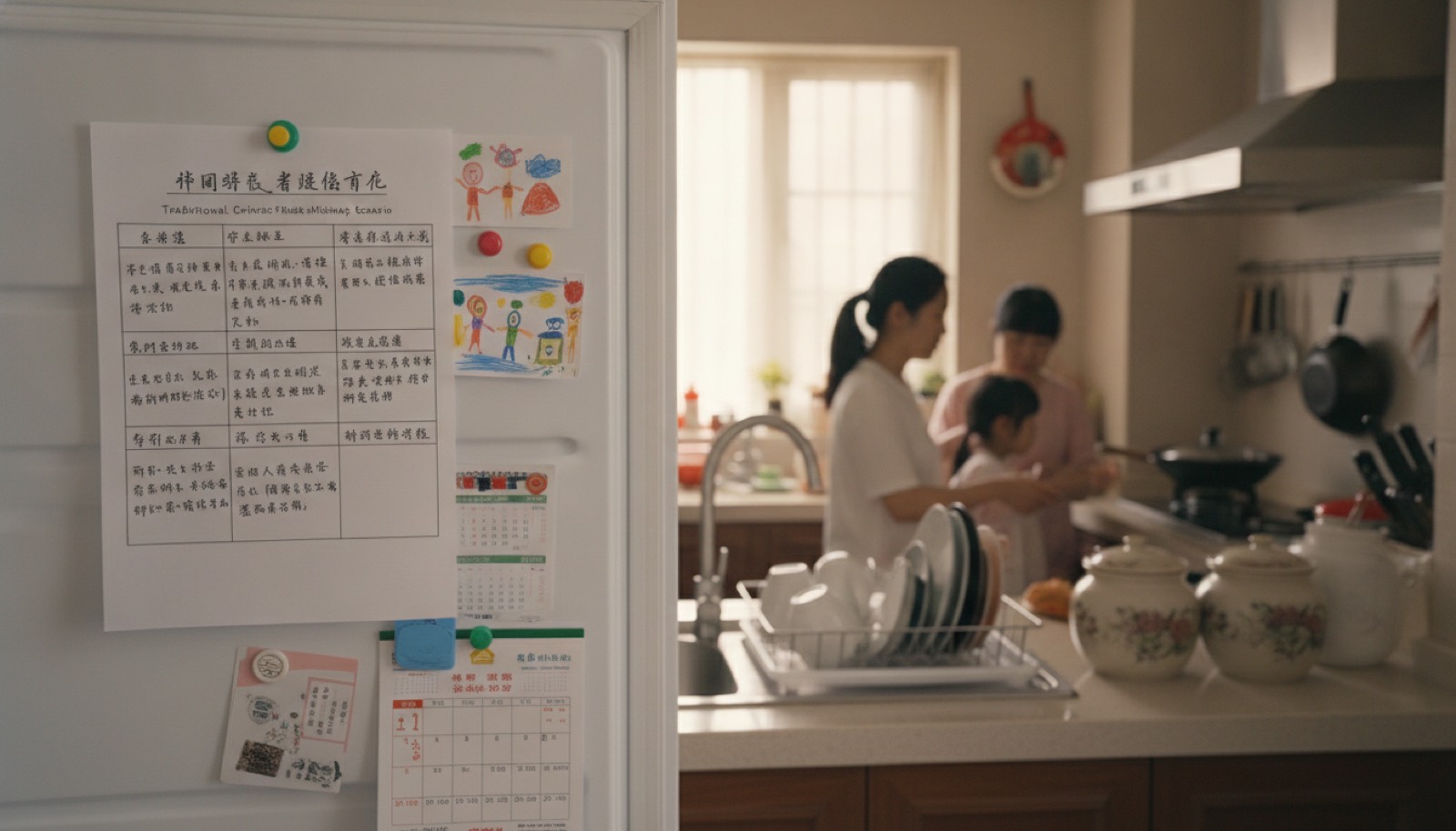 厨房冰箱门内侧手写 A4 卡片分 8 格列翻车场景