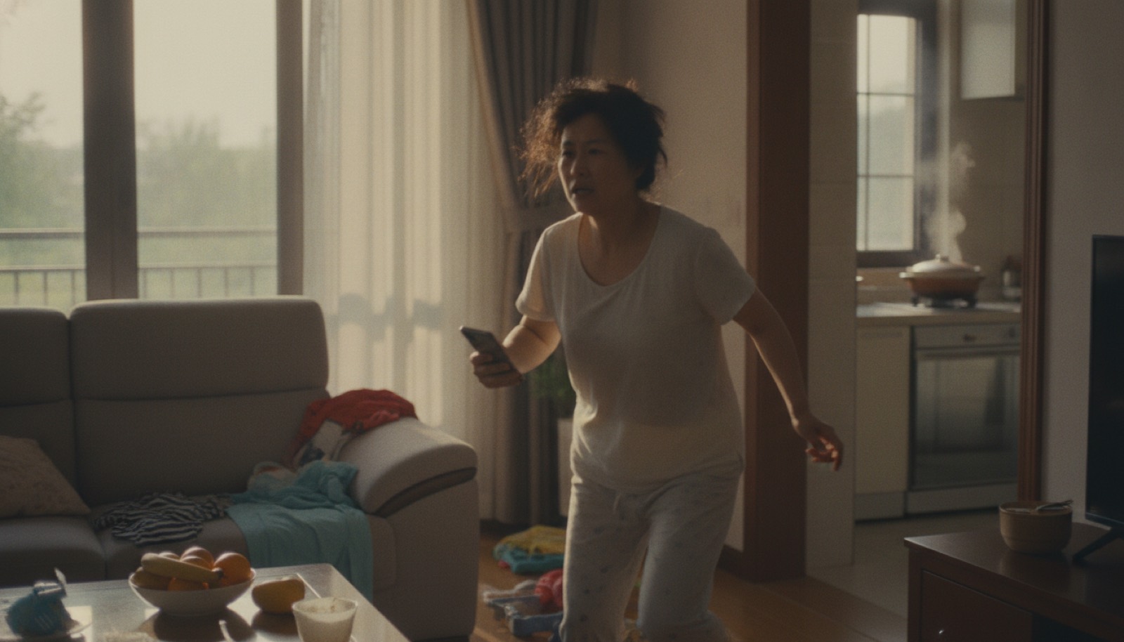 夏日清晨客厅妈妈起身冲向冒烟的厨房