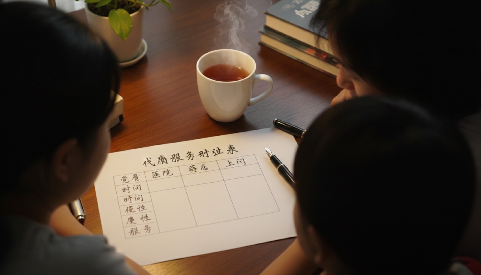 书桌上 A4 纸手写三种代煎服务对比表