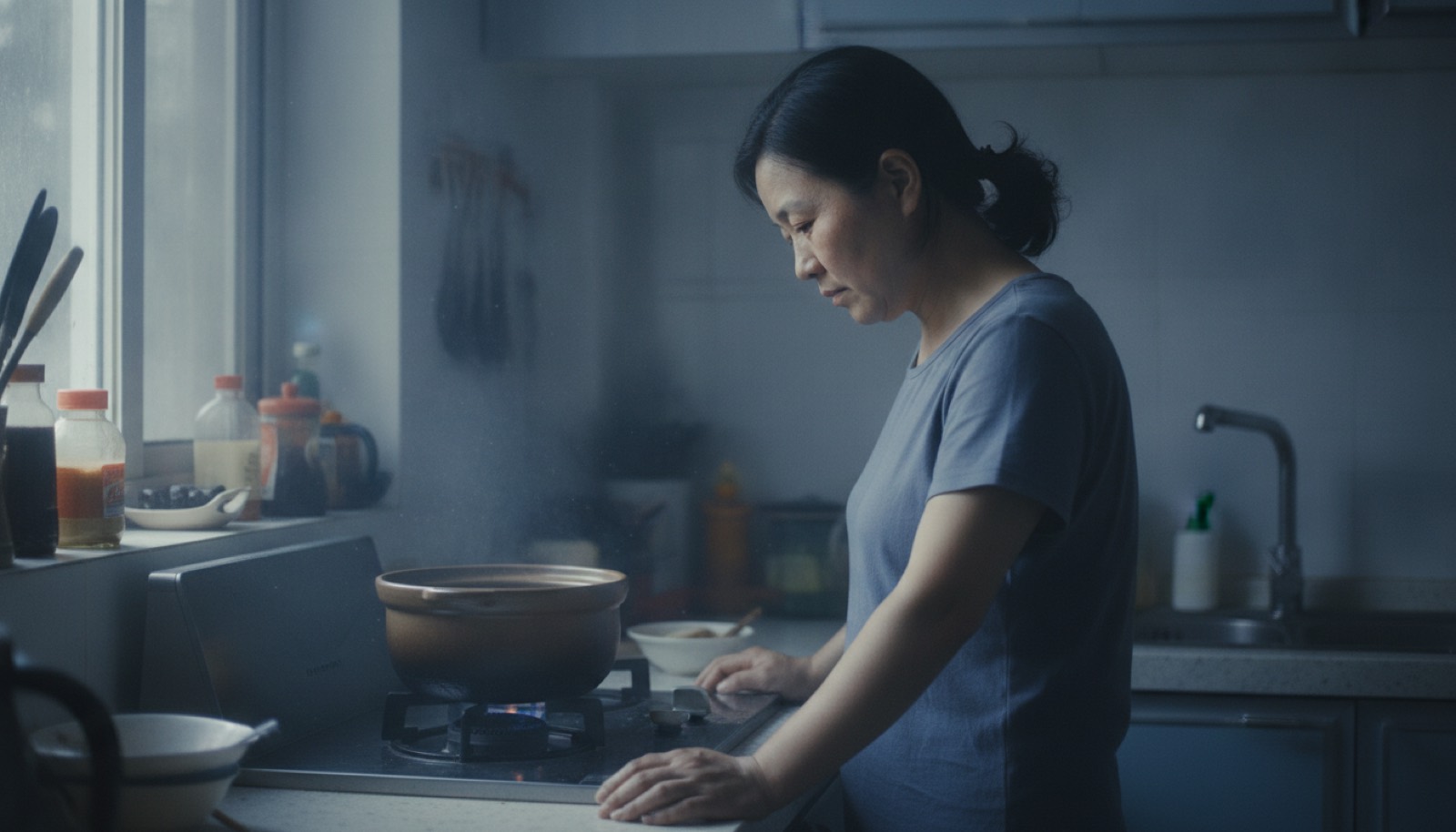 夏日清晨厨房妈妈站灶前疲惫手撑灶台眼眶微红