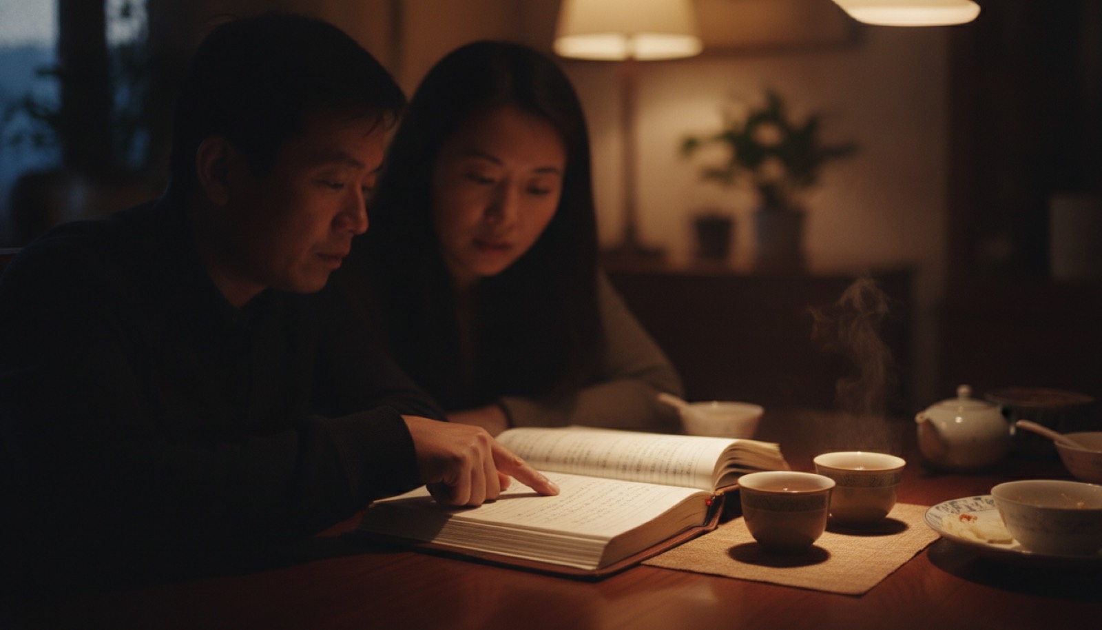 夜晚餐桌夫妻一起翻看记录手账本