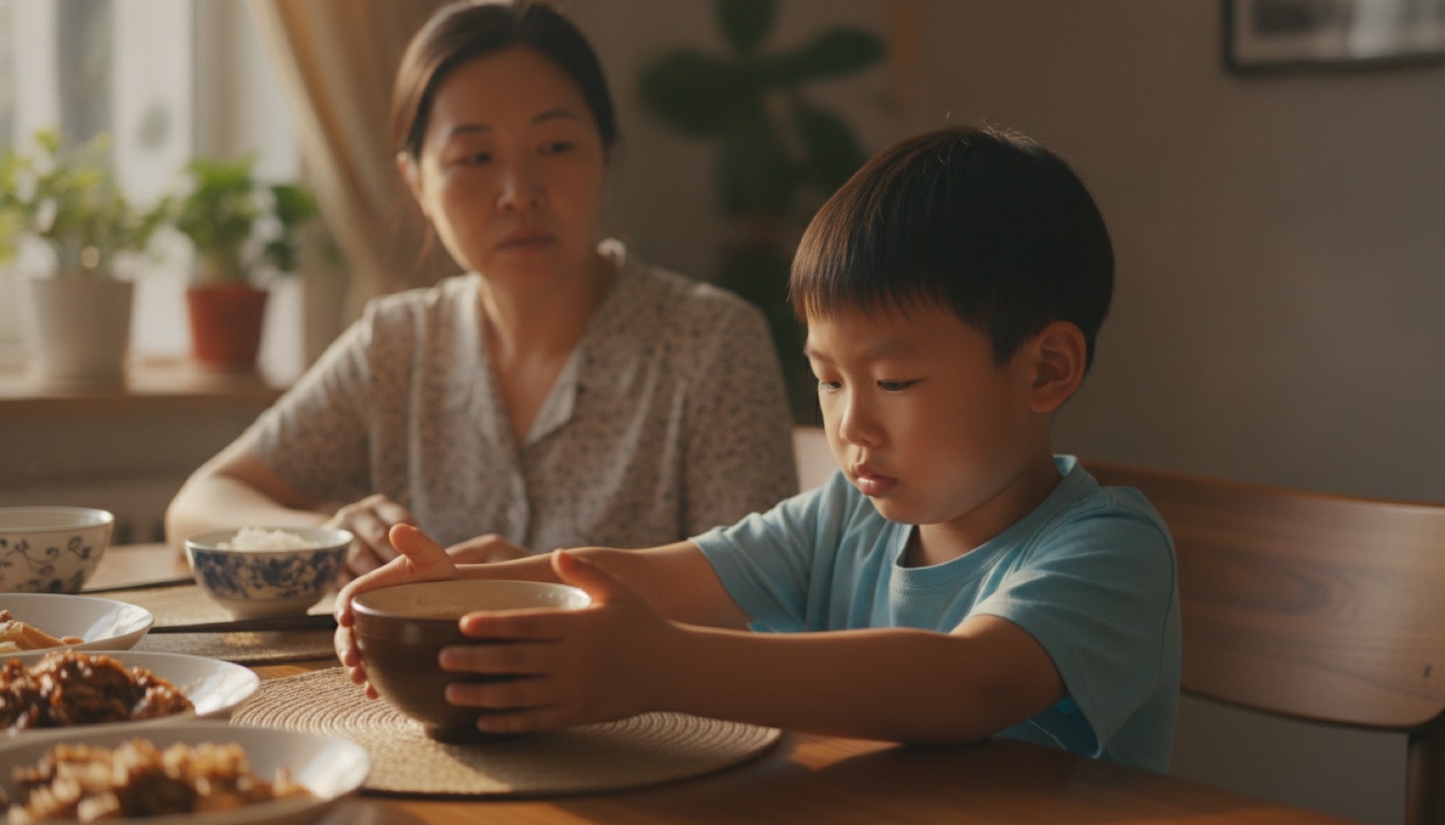 傍晚餐桌孩子把中药碗往前推神情抗拒妈妈无奈