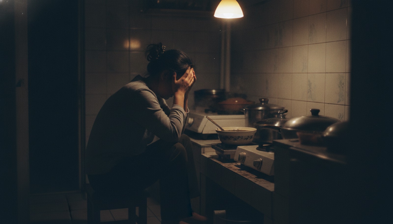 深夜厨房妈妈坐小凳上双手撑额头疲惫