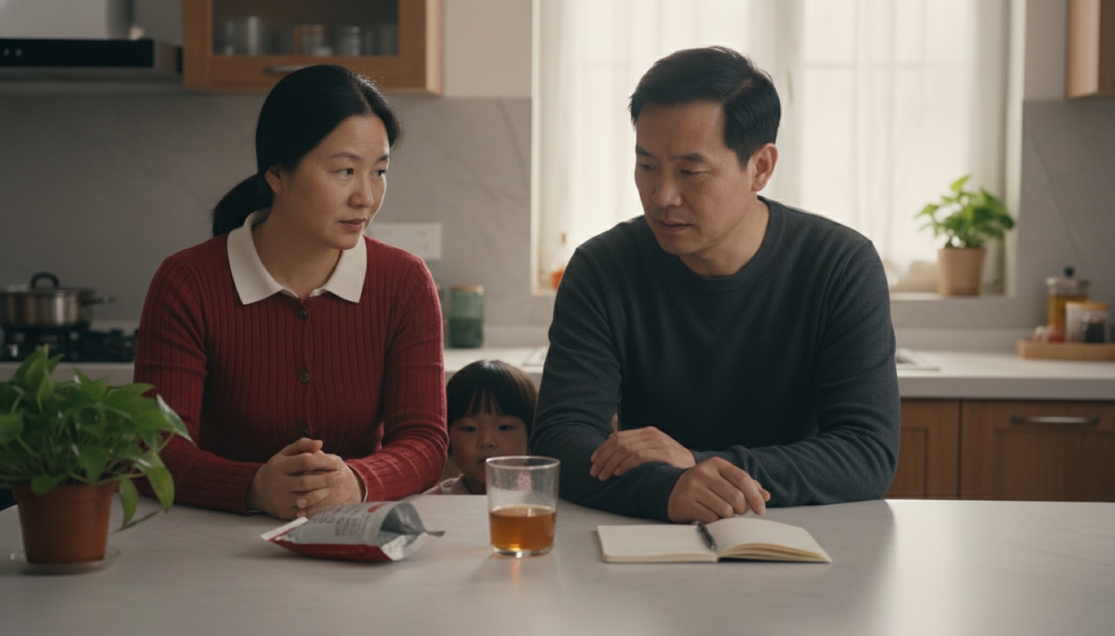 厨房岛台上一袋未喝完的中药一杯温水一只小本子,自然光,氛围日常应急