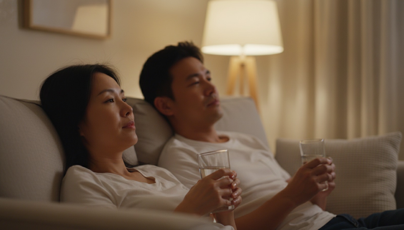 夜晚客厅沙发夫妻并排各端一杯水沉默