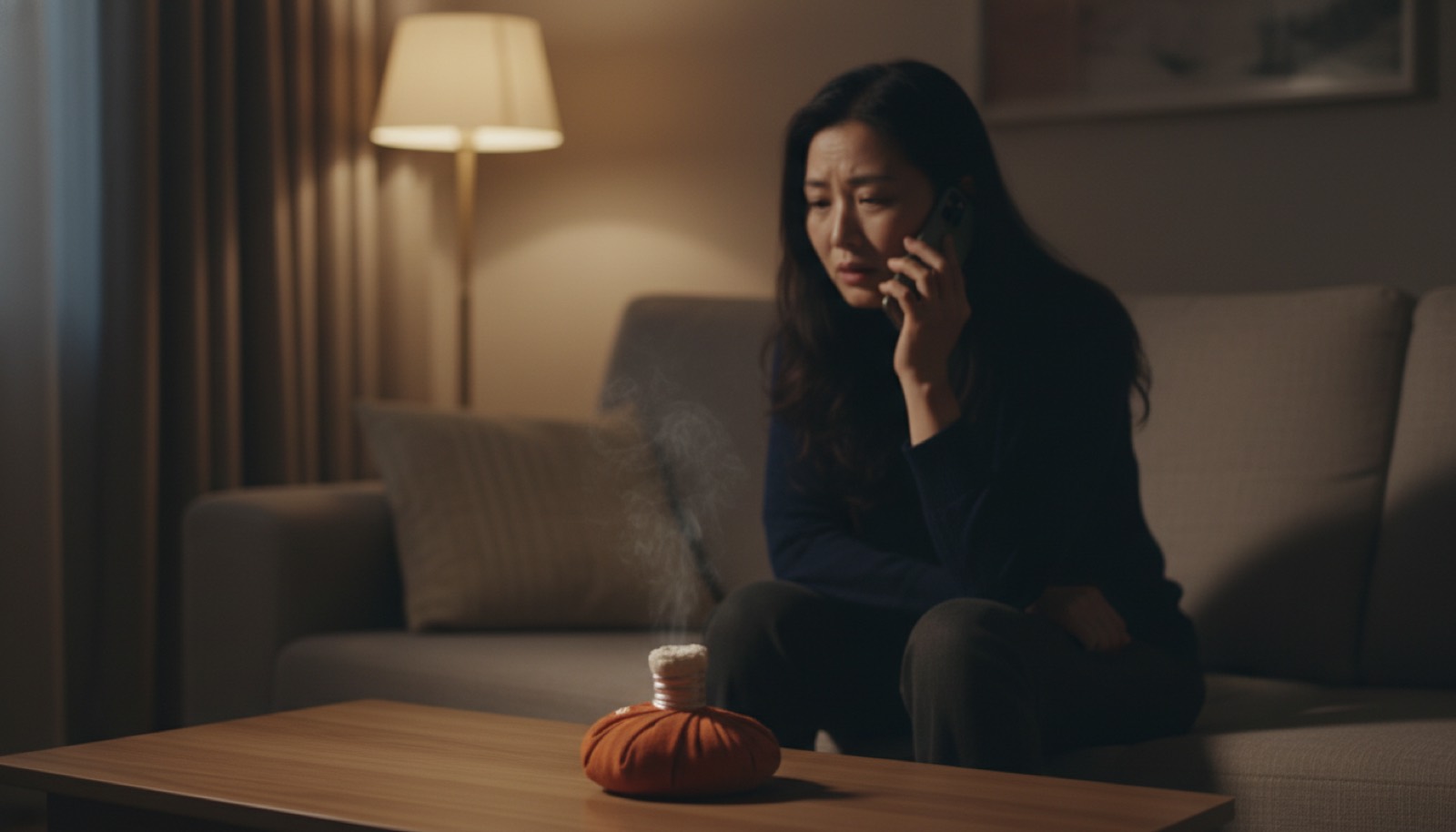 夜晚客厅沙发妈妈坐着手里拿手机贴耳听
