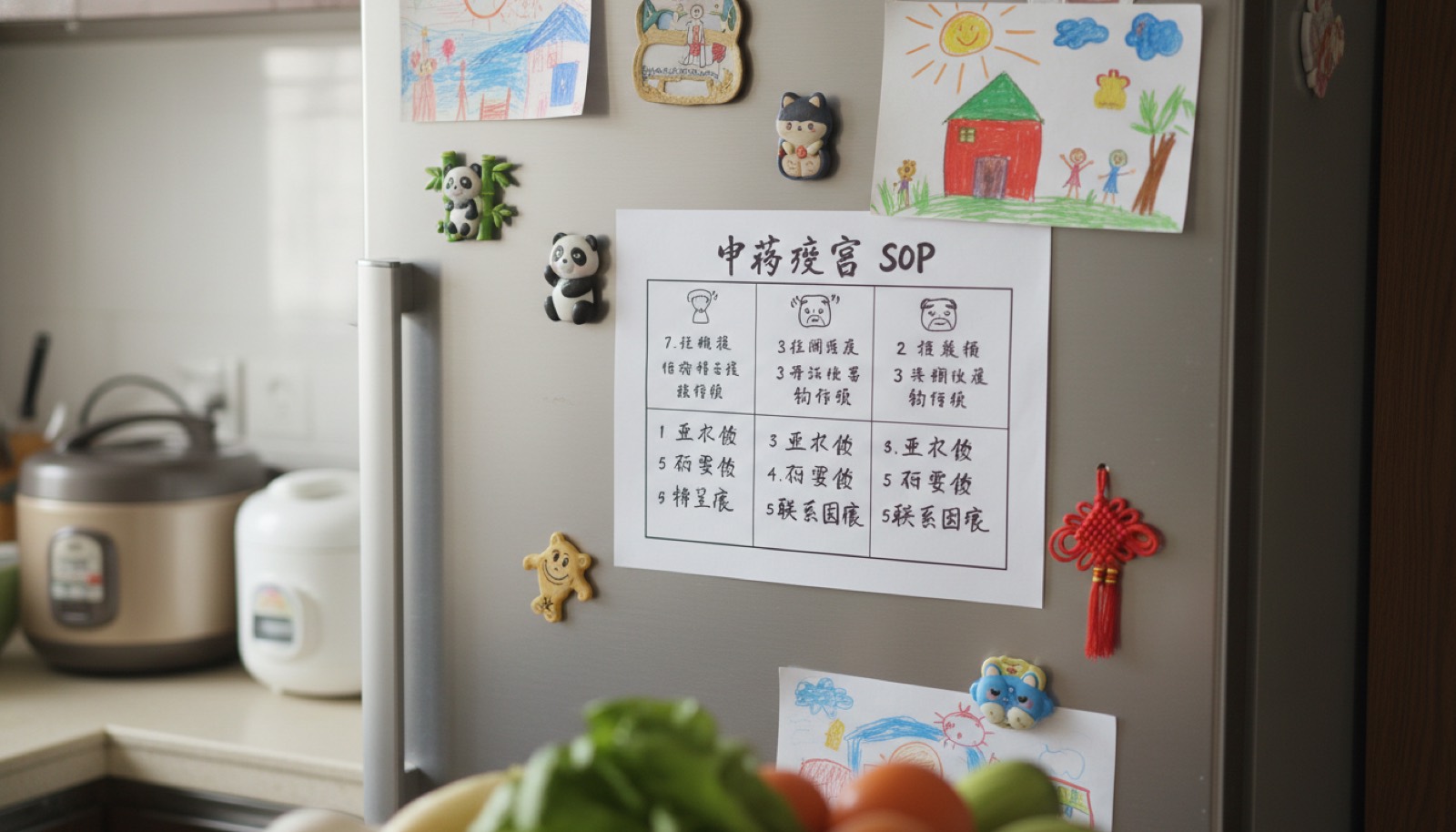 冰箱门上手写应急 SOP 卡片 6 个场景三段式