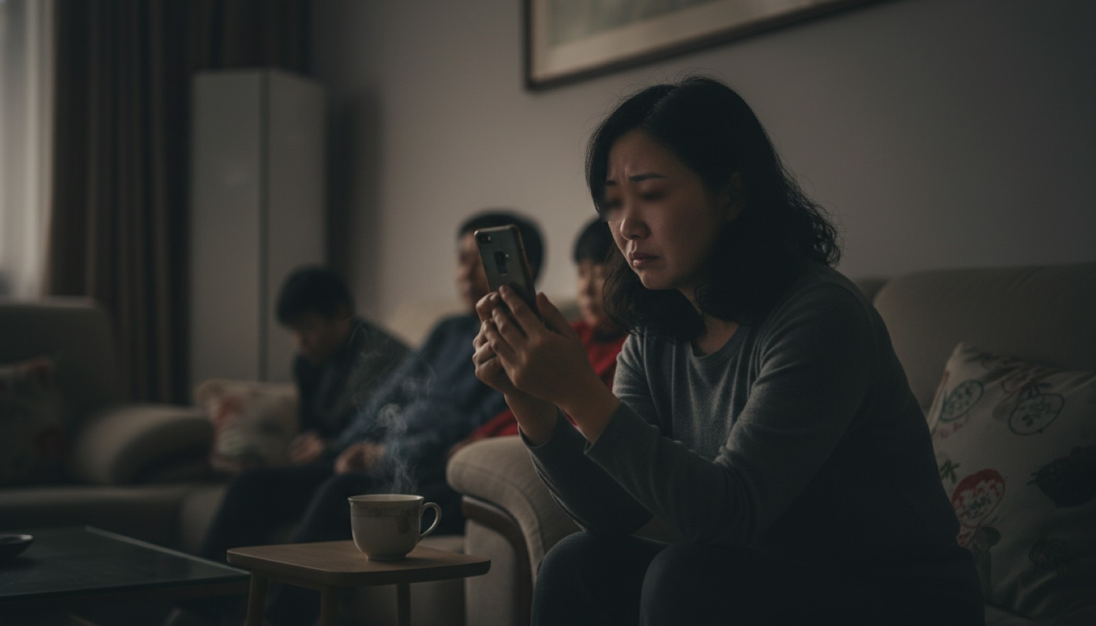 夜晚客厅沙发妈妈手举手机看神情凝固