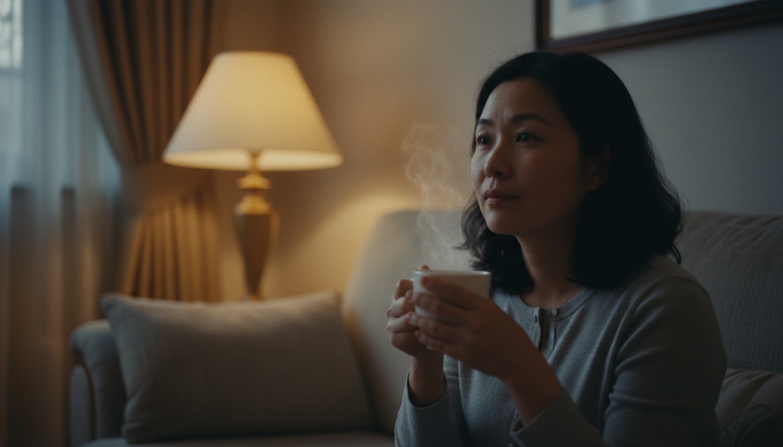 夜晚客厅沙发妈妈独坐双手捧热茶