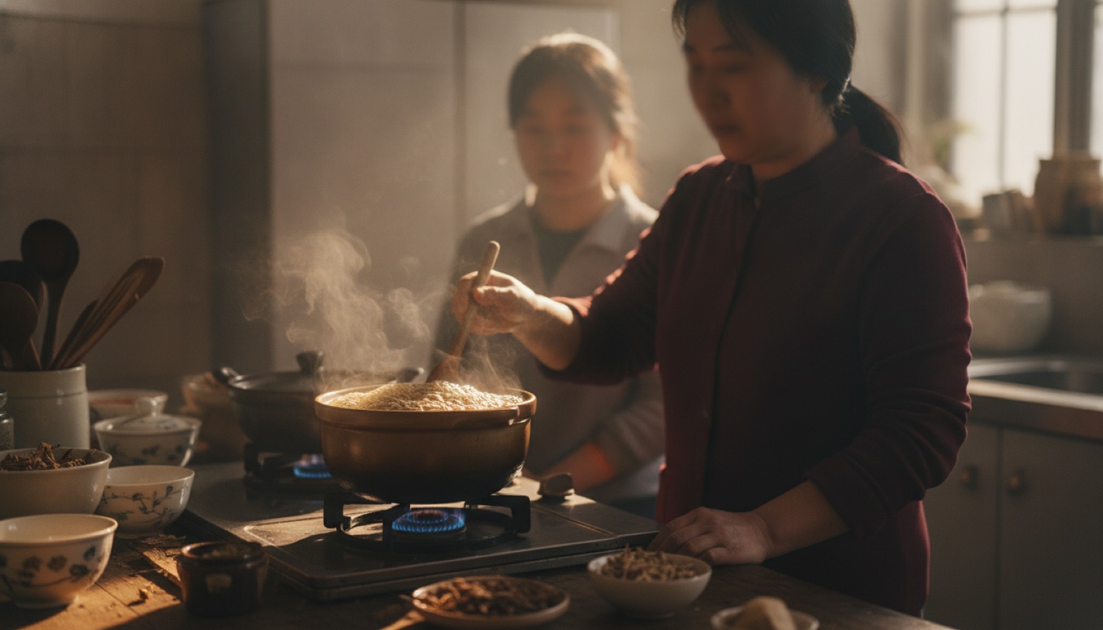 厨房灶台陶瓷砂锅小火炖中药妈妈持木勺搅动