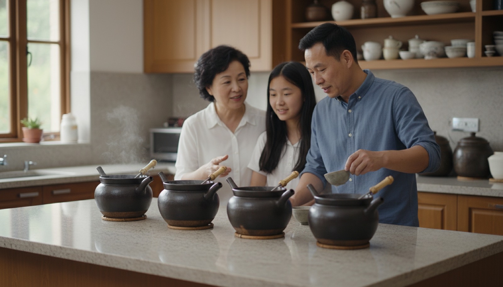 厨房岛台上四种中药锅具并排,光线柔和,氛围对比清晰