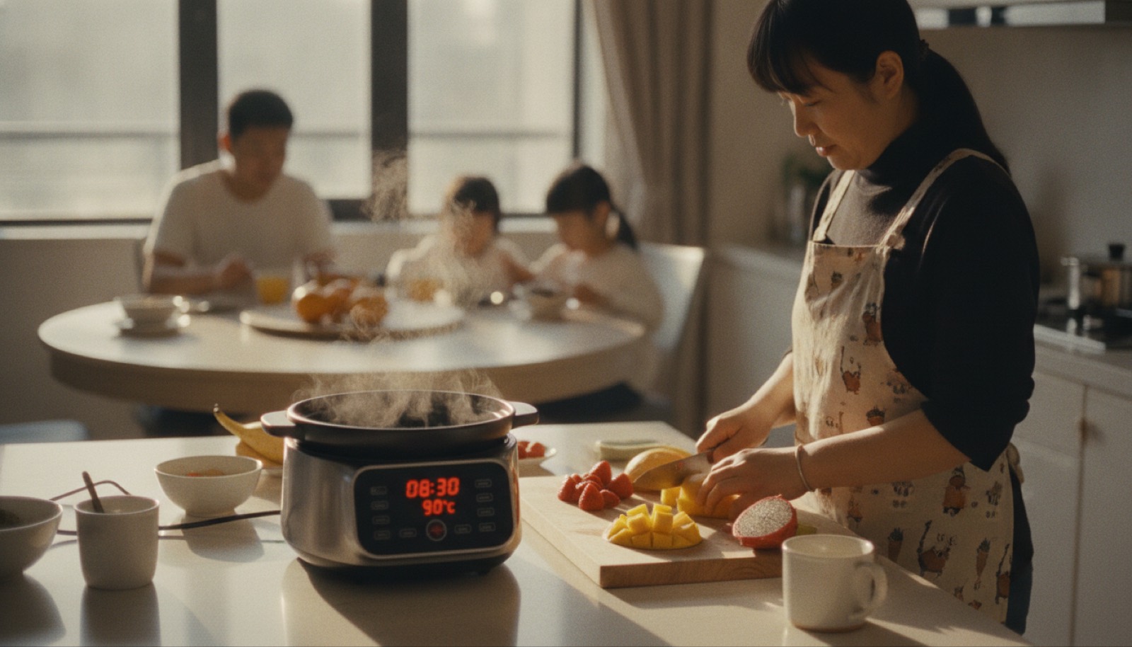 厨房岛台电砂锅工作妈妈在旁边切水果
