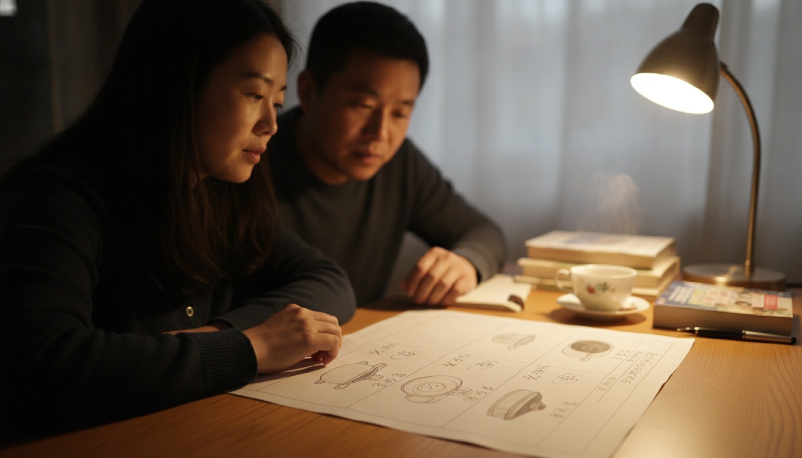夜晚书桌夫妻并排坐手写 4 种锅具对比表