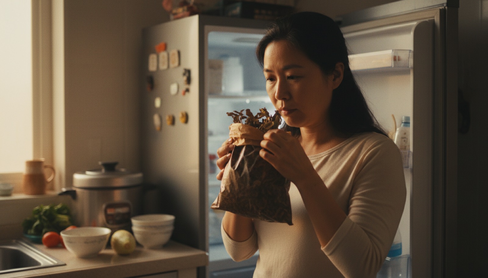 傍晚厨房妈妈站冰箱前手里拿中药袋在闻