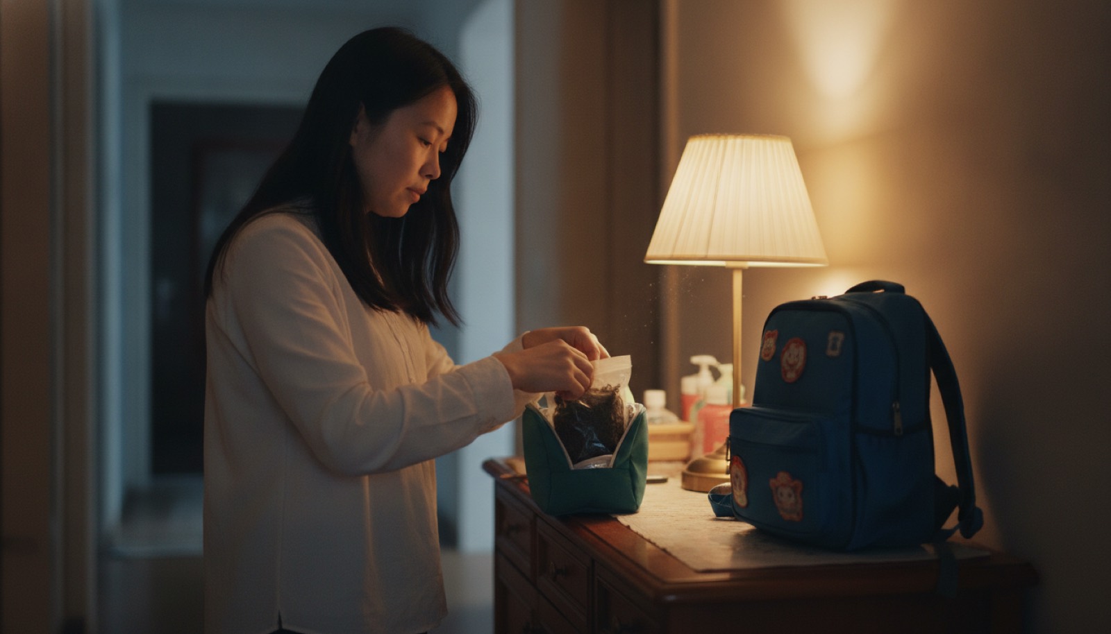 夜晚玄关妈妈把中药袋放进小保温袋旁边立着书包