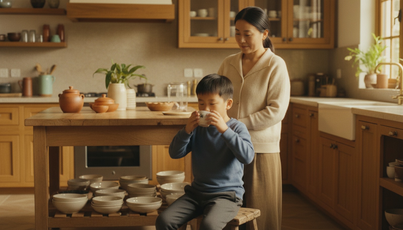 厨房孩子坐小凳子端小杯刚喝完妈妈在旁边