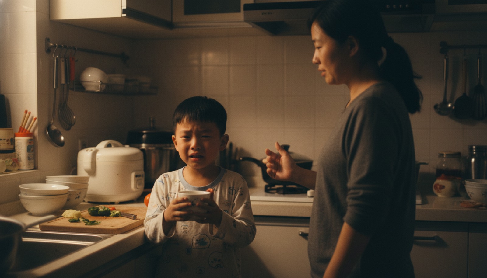 夜晚厨房孩子抓小杯子委屈妈妈站旁边