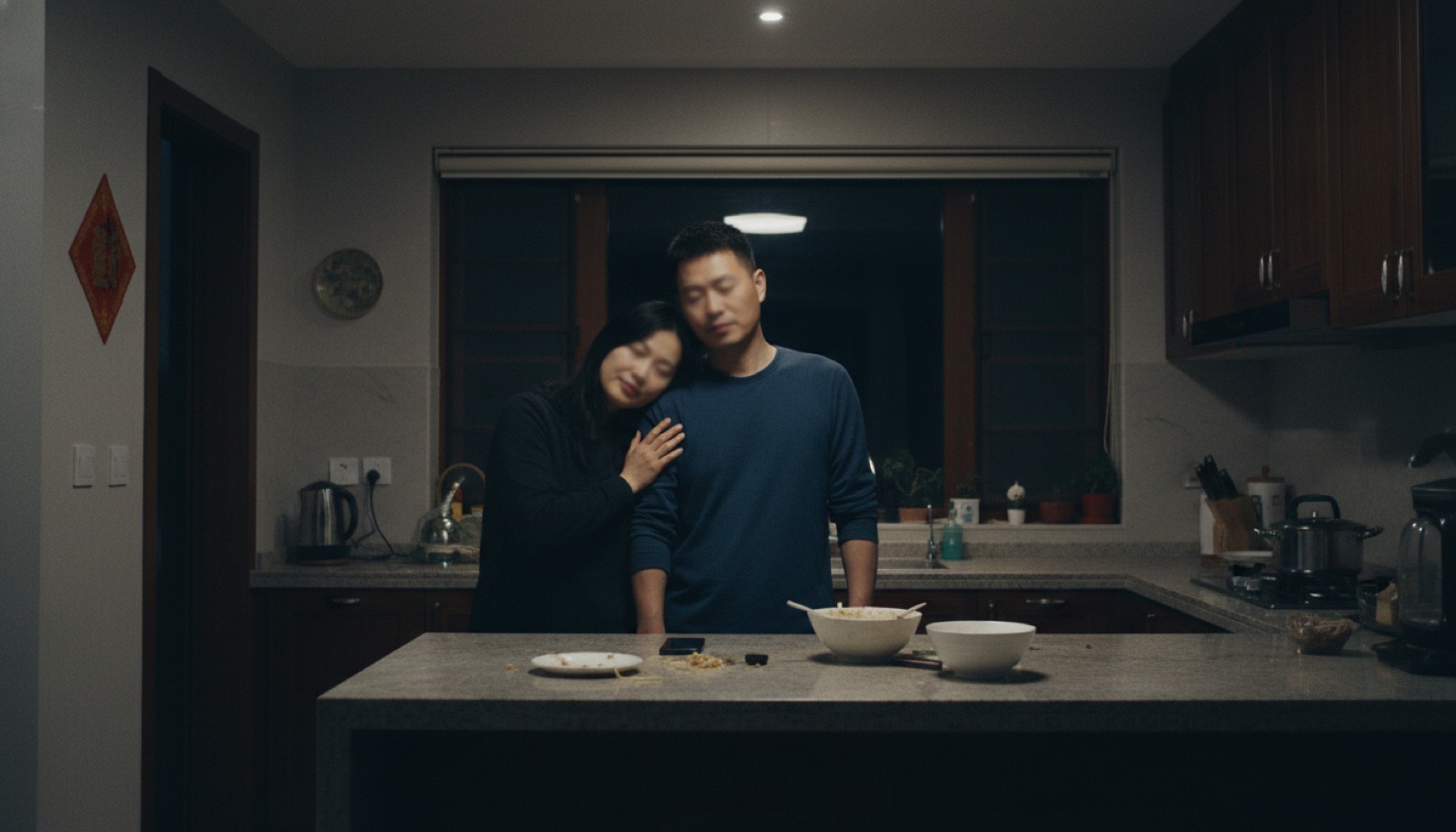 夜晚厨房夫妻并排站岛台前妈妈靠爸爸肩上