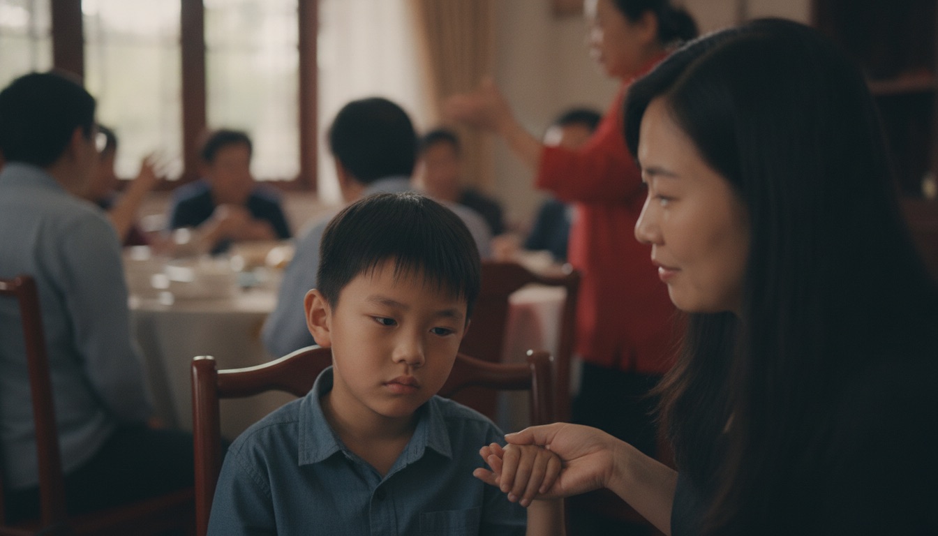 老家热闹家宴里孩子明显累了蔫蔫的妈妈牵起他的手准备带他离开人群