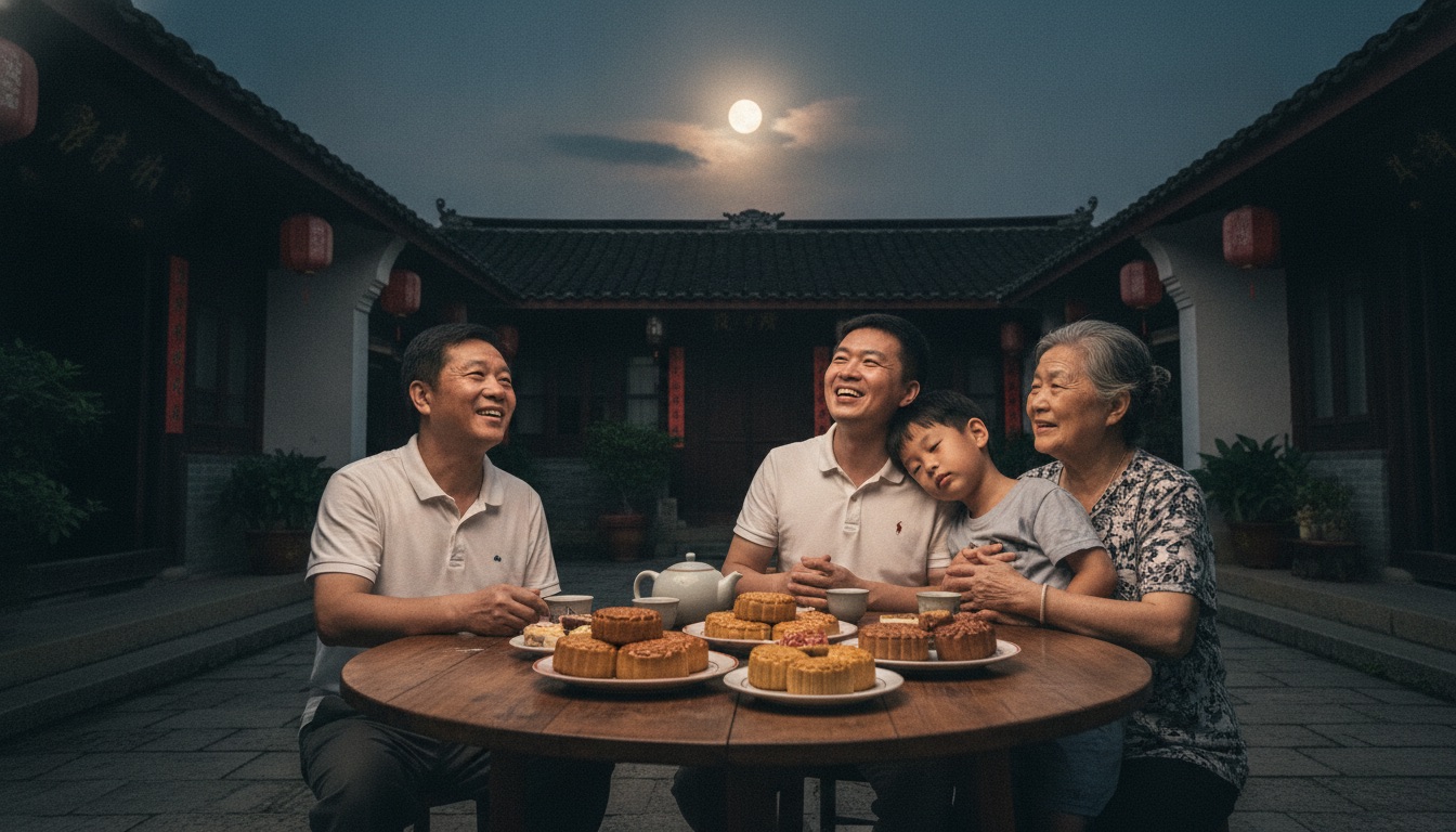 中秋夜老家院子里一家人围坐赏月妈妈搂着孩子孩子靠在妈妈身上神情安稳桌上摆着月饼