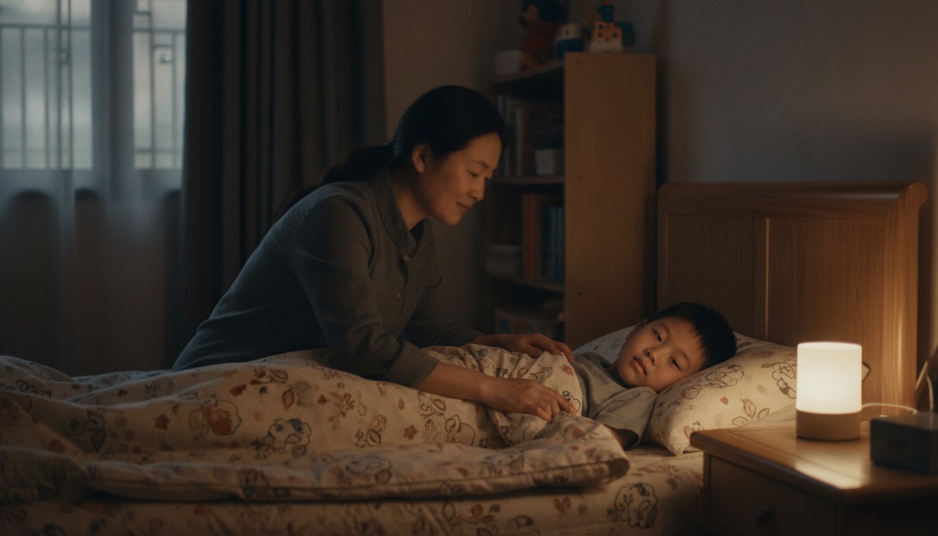 夜晚老家卧室妈妈给孩子掖被子床头留小夜灯孩子躺下神情放松