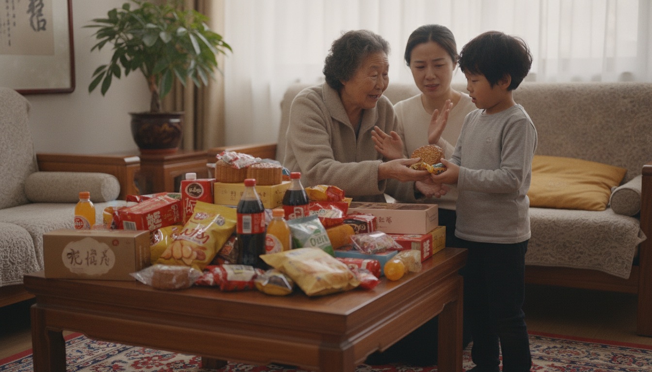 老家客厅茶几堆满零食长辈热情往孩子手里塞零食妈妈在旁想拦又为难