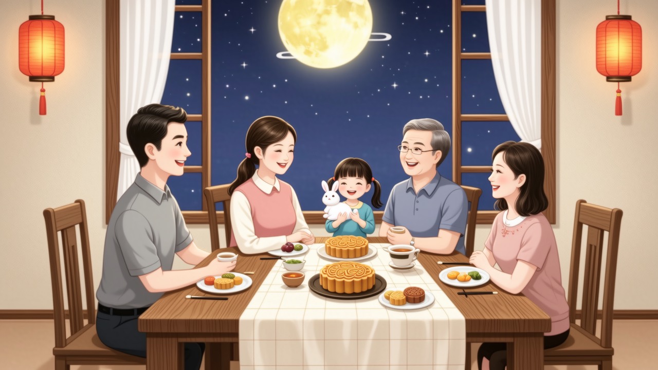 中秋夜一张摆着月饼和团圆饭的圆桌,一家人围坐,窗外有圆月,光线暖黄,氛围温馨里带一点微妙