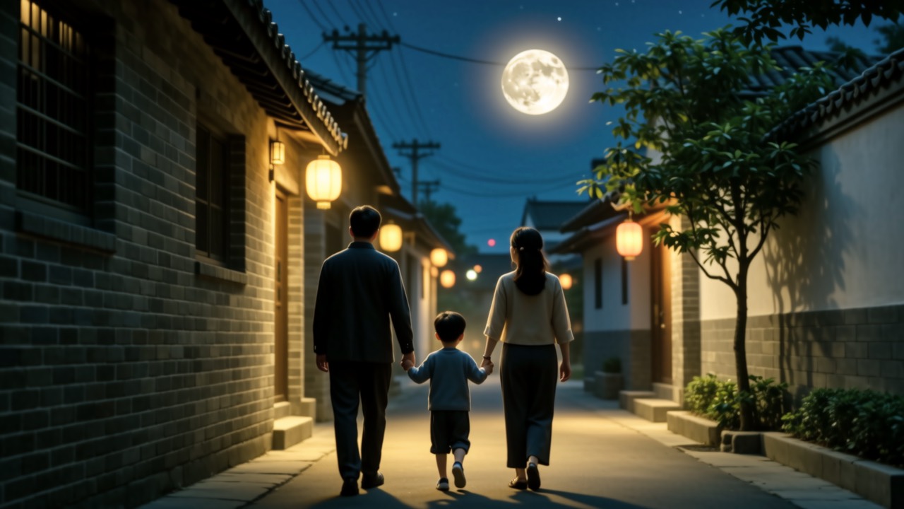 中秋夜一家三口牵手走在回家路上头顶圆月