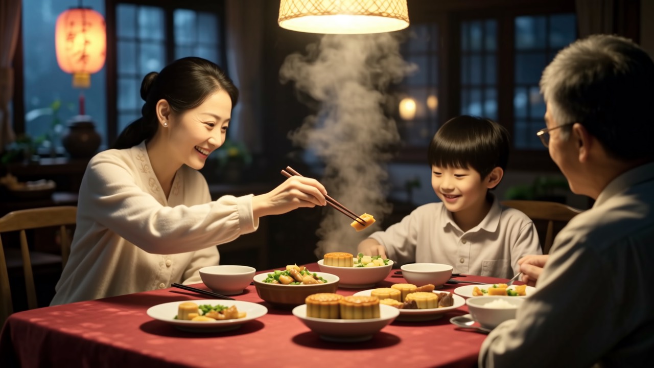 亲戚家饭桌妈妈给孩子夹菜同时接过话头