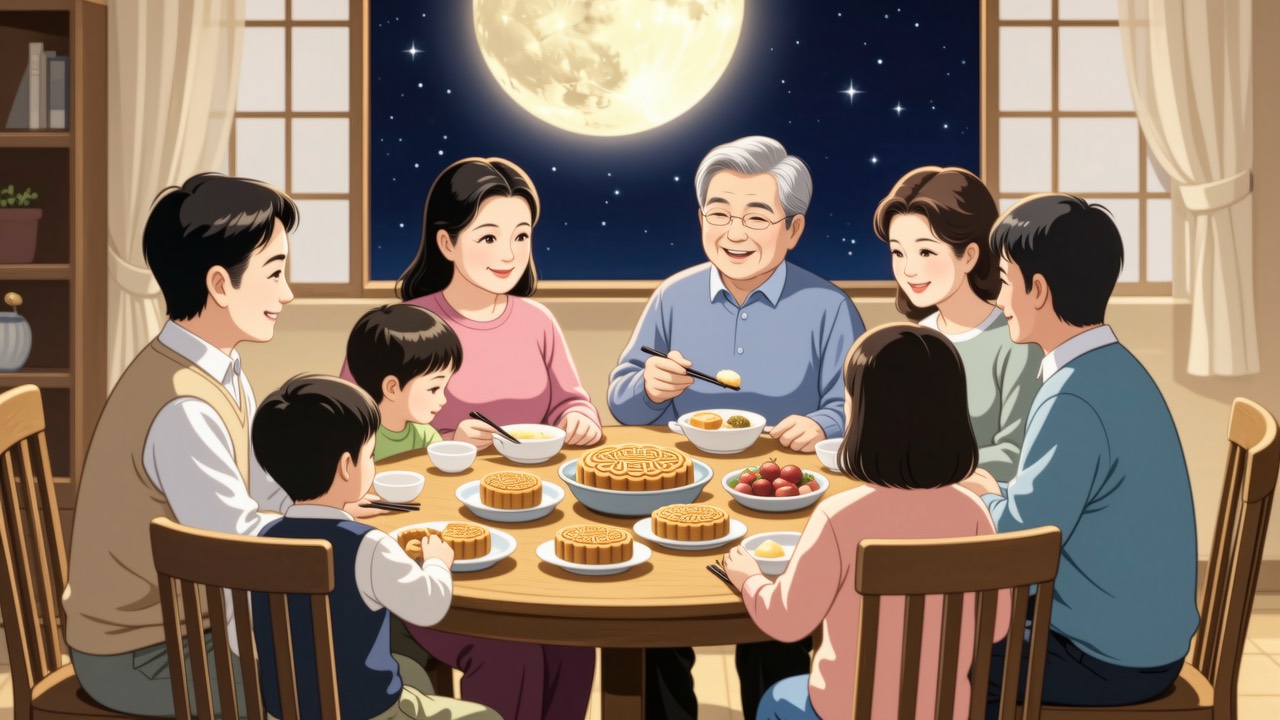 中秋团圆饭桌伯母看着孩子问话全桌目光转过来