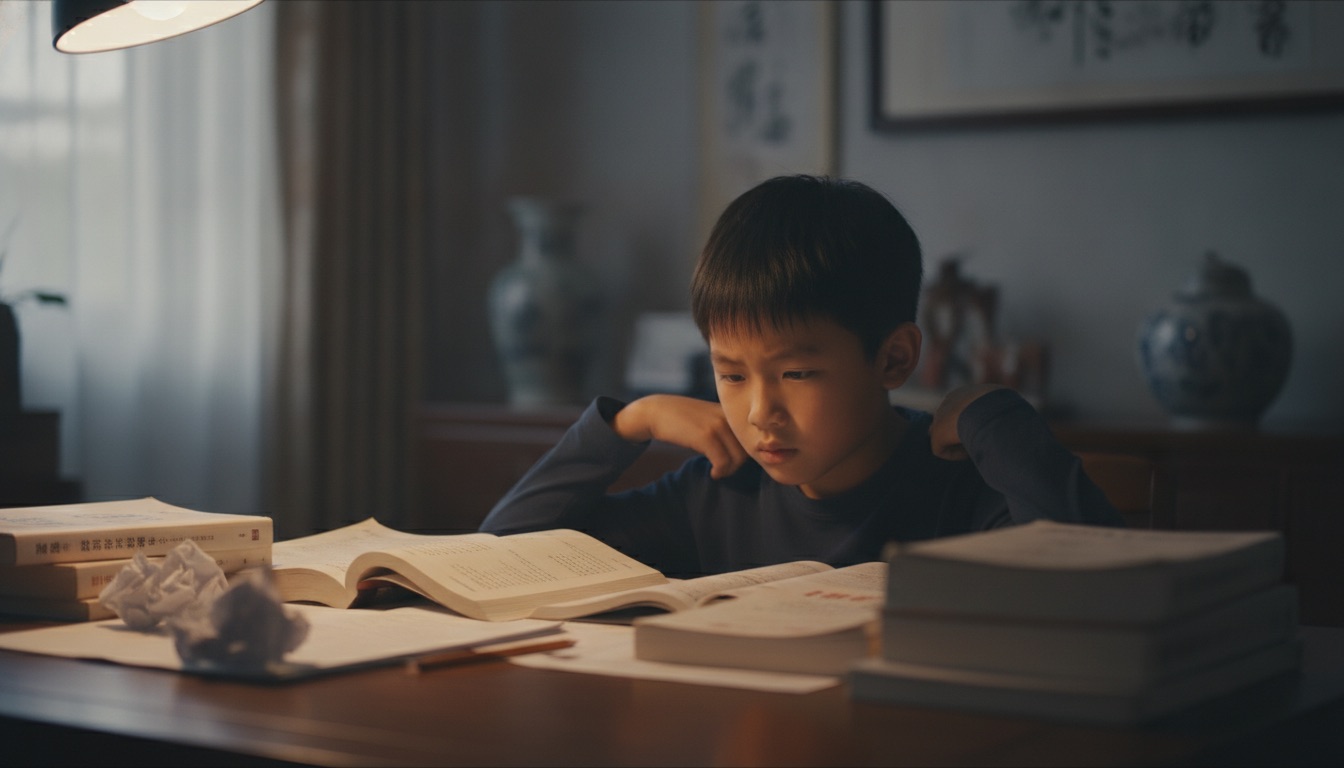 傍晚书桌前,一个 9 岁中国男孩对着摊开的复习资料发愁,肩膀微微耸动,台灯下神情紧绷疲惫