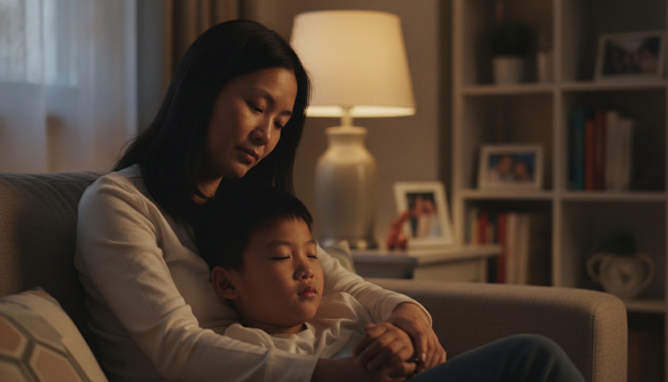 夜晚妈妈把男孩轻轻搂在怀里男孩神情放松