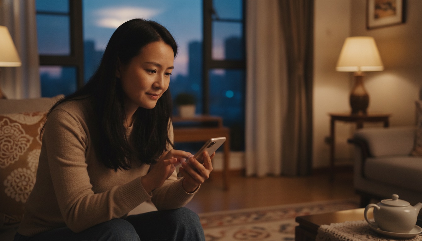 傍晚妈妈坐沙发上低头认真编辑给老师的手机消息