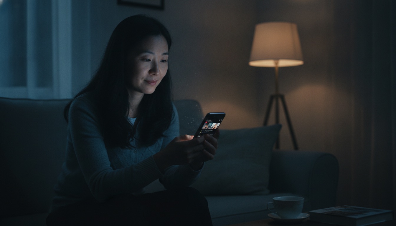 夜里一位母亲坐在沙发上盯着手机群聊,屏幕里是别人晒的孩子视频,她神情复杂,氛围安静又被搅动