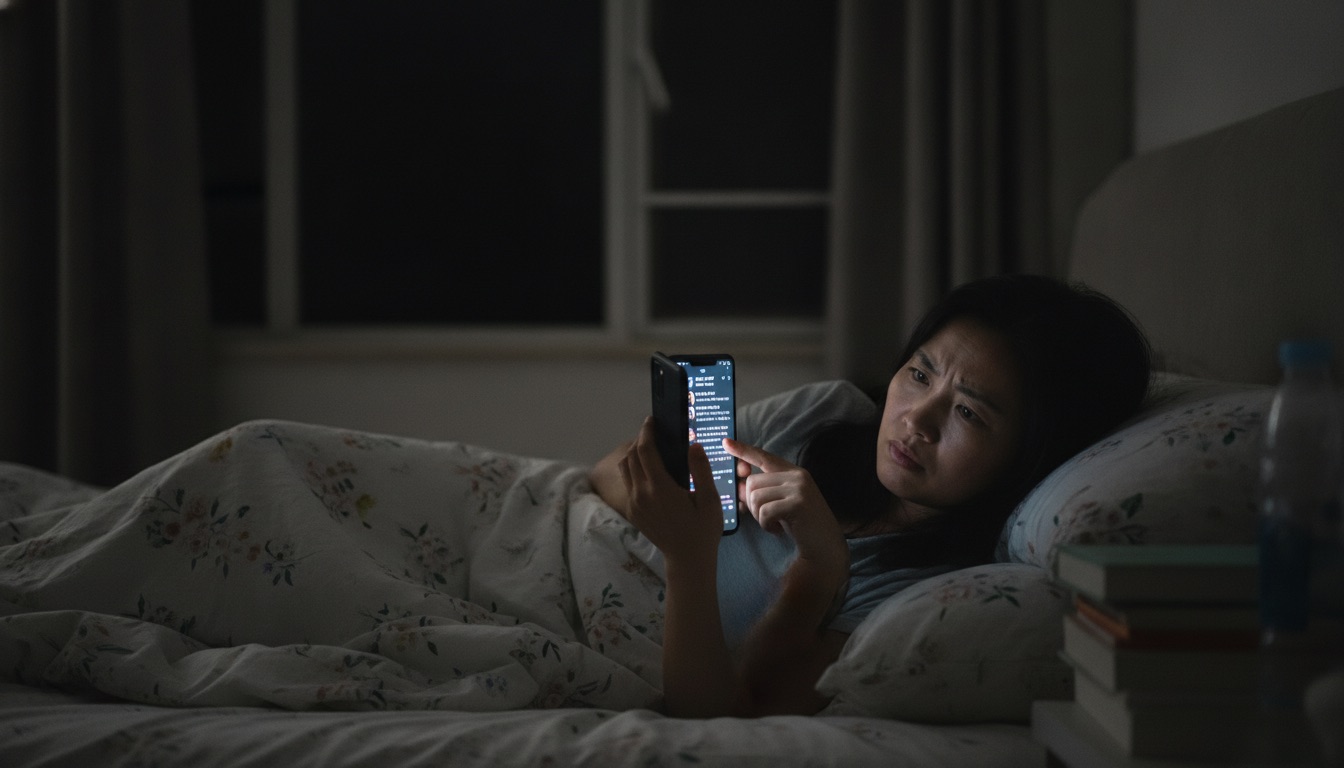 深夜卧室母亲靠床头盯着手机群聊界面眉头微皱手指停在屏幕上
