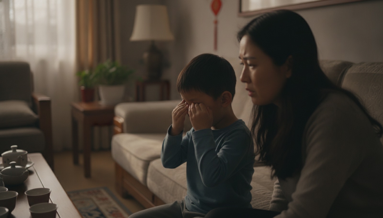傍晚客厅男孩频繁眨眼揉眼睛妈妈皱眉观察