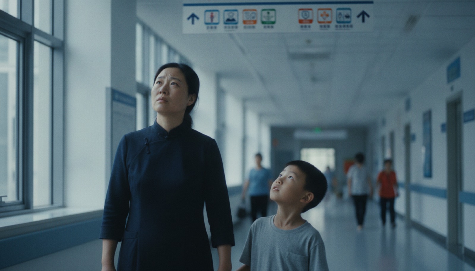 医院走廊妈妈牵孩子站分科指引牌前抬头看迷茫