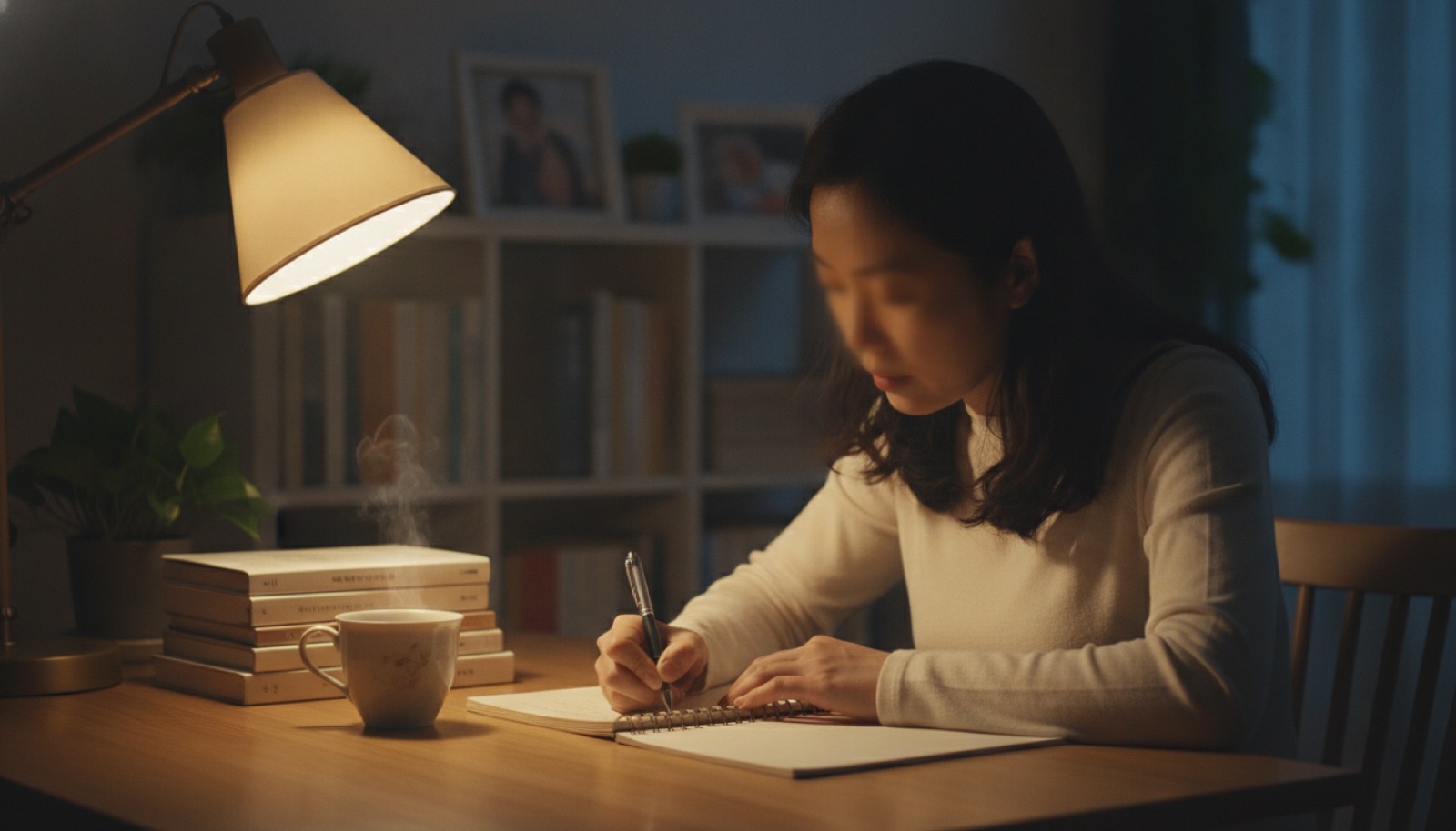 夜晚书桌妈妈在本子上认真记录孩子症状