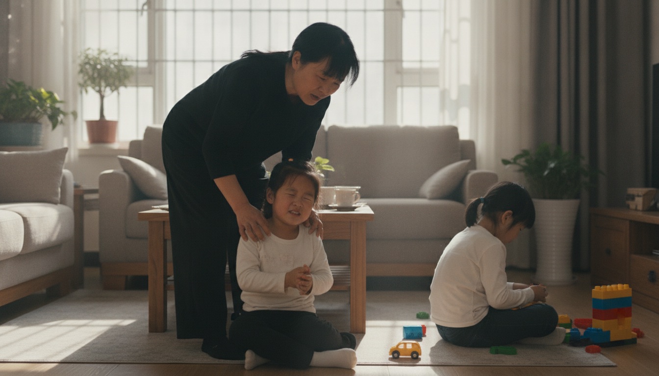 客厅里妈妈满脸紧张地盯着正在眨眼的抽动孩子,旁边另一个孩子独自坐在角落玩玩具没人理会,气氛里透着一种全家都绕着一个人转的失衡
